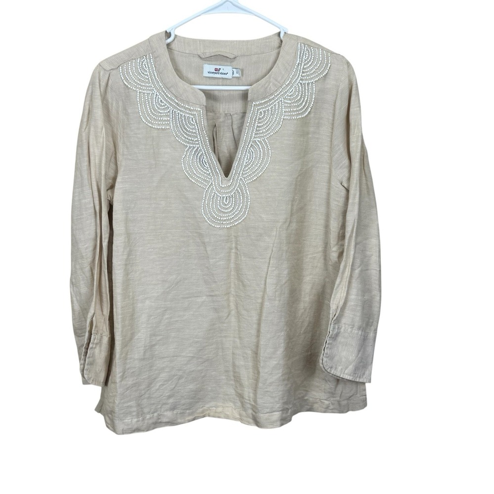 Vineyard Vines Tan Sand Embellished Beaded Yarn Dyed Linen Tunic Top Size‎ S